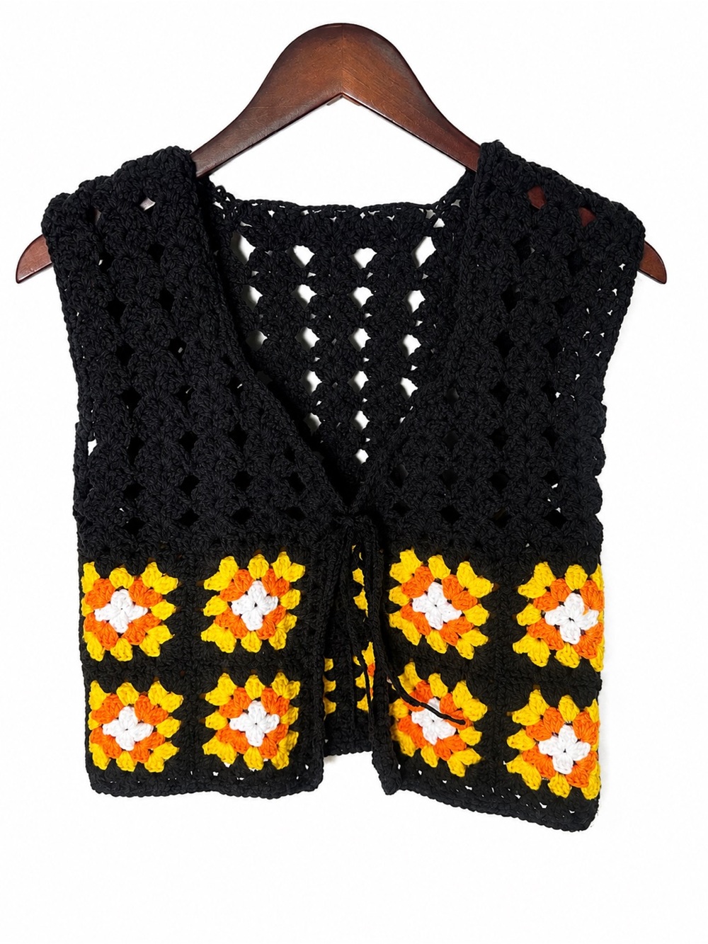 Handmade 90’s / Y2K Black Crochet Vest with Yellow & Orange Granny Squares